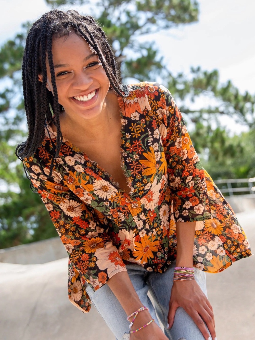NATURAL LIFE Cotton Tunic Orange Floral V-Neck Bell Sleeve Top - L/XL